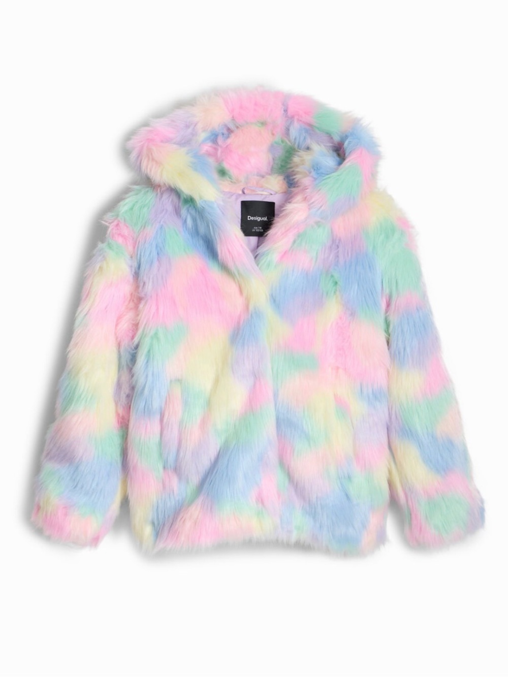 NWT Desigual Girls' Pastel Multi Faux-Fur Hooded Jacket